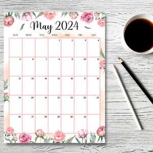 EDITABLE May 2024 Calendar (Vertical / Portrait), Beautiful Spring with Pink Peonies, Printable Planner for Kids Home Work, Instant Download