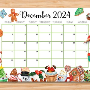EDITABLE December 2024 Calendar, Colorful Christmas with Sweets & Drinks, Printable Christmas Planner, Kids Schedule, Instant Download image 1