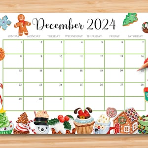 EDITABLE December 2024 Calendar, Colorful Christmas with Sweets & Drinks, Printable Christmas Planner, Kids Schedule, Instant Download image 1