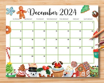EDITIERBAR Dezember 2024 Kalender, Bunte Weihnachten mit Süßigkeiten & Getränke, druckbarer Weihnachtsplaner, Kinderkalender, Sofortiger Download
