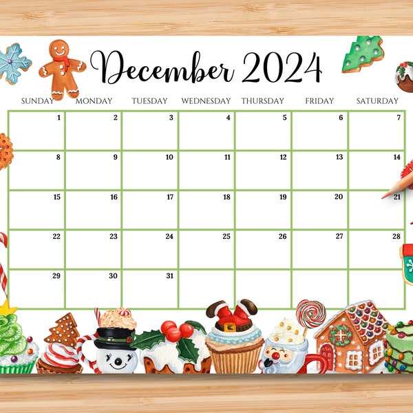 BEWERKBARE kalender december 2024, kleurrijke kerst met snoep en drankjes, afdrukbare kerstplanner, kinderschema, instant download