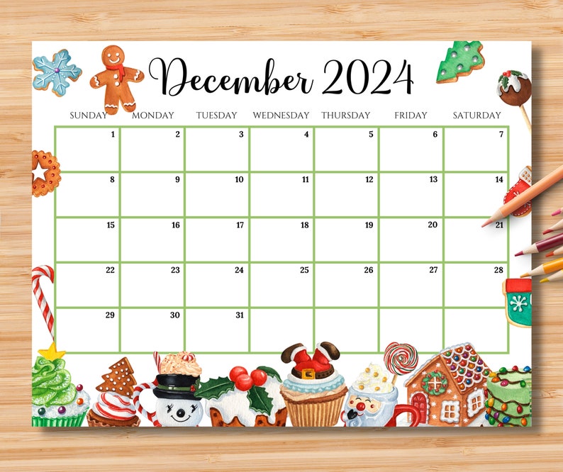 EDITABLE December 2024 Calendar, Colorful Christmas with Sweets & Drinks, Printable Christmas Planner, Kids Schedule, Instant Download image 1