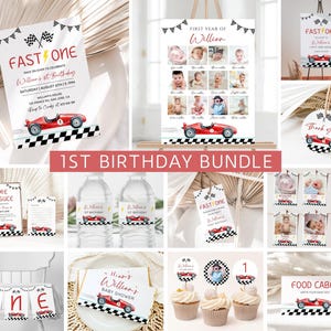 Puede incluir: Un conjunto de suministros para fiestas con tem&aacute;tica de coches de carreras. Incluye invitaciones, una exhibici&oacute;n de fotos, etiquetas de agradecimiento, adornos para cupcakes, etiquetas para botellas de agua y una pancarta. El texto "FAST ONE" y "1ST BIRTHAY BUNDLE" son visibles.