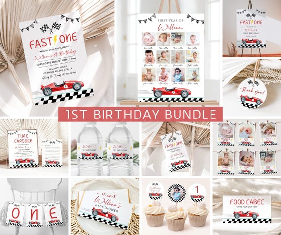 Fast One Race Car Birthday Invitation Bundle, 1st Birthday Boy Party Bundle, Editable Race Car Invite Set, Boy First Birthday Canva Template