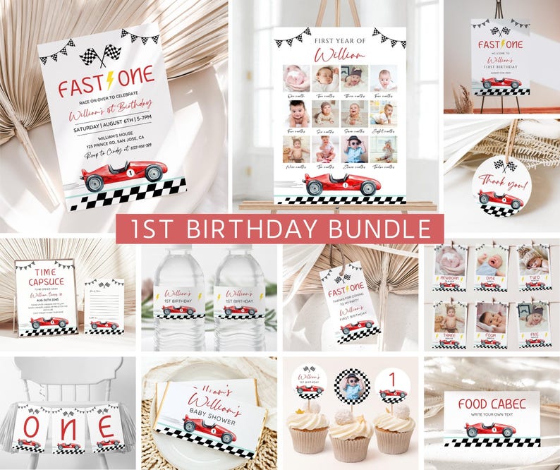 Puede incluir: Un conjunto de suministros para fiestas con tem&aacute;tica de coches de carreras. Incluye invitaciones, una exhibici&oacute;n de fotos, etiquetas de agradecimiento, adornos para cupcakes, etiquetas para botellas de agua y una pancarta. El texto "FAST ONE" y "1ST BIRTHAY BUNDLE" son visibles.