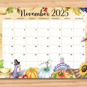 Calendario novembre 2025 MODIFICABILE, pianificatore del Ringraziamento felice con tacchino e zucche, bellissimo programma mensile autunnale stampabile per bambini