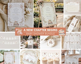 Storybook Baby Shower Bundle, New Chapter Begins Baby Shower Invitation, Signs & Games Bundle, Vintage Floral Decor, Editable Canva Template