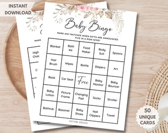50 Prefilled Baby Shower Bingo Cards, Baby Bingo Game, Bonus Blank Card, Printable Baby Shower Game, Aesthetic Boho Greenery, Gender Neutral