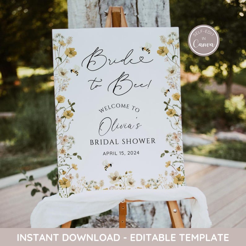 Bride to Bee Bridal Shower Welcome Sign, Bee Bridal Shower Welcome Sign, Bee Floral Wedding Shower, Summer Bridal Shower, Editable Printable image 1