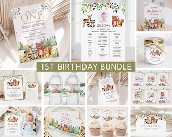 Lot 1er anniversaire Woodland Wild One, lot d'Invitation animaux de la jungle, safari sauvage un anniversaire, invitation un anniversaire, premier anniversaire de garçon