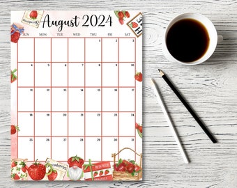 EDITABLE August 2024 Calendar (Vertical/Portrait), Sweet Summer w/ Strawberry Gnome, Monthly Schedule for Home, Work Office Instant Download