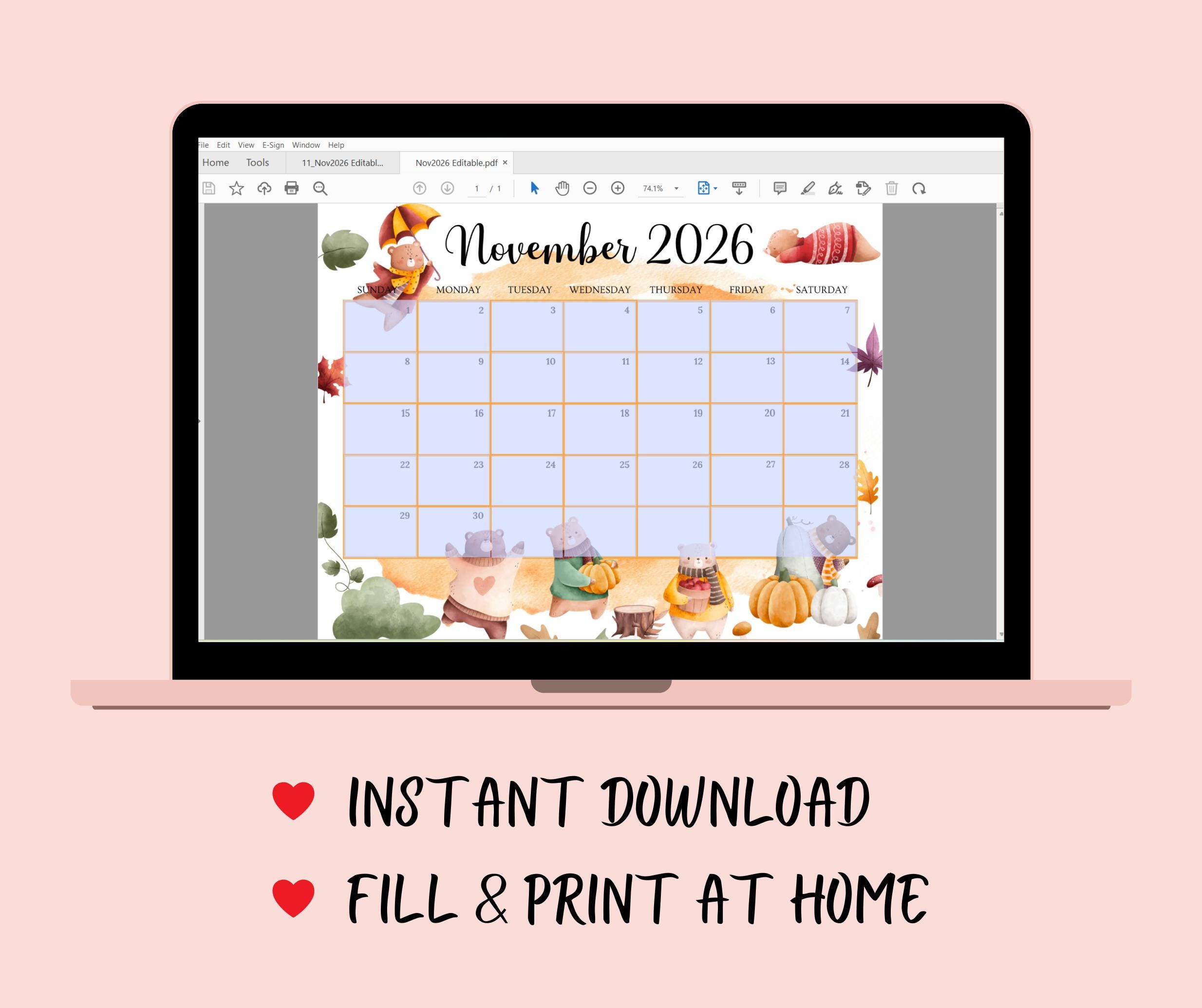 編集可能な2026年11月カレンダー | 子供、学校、仕事、オフィス、家庭