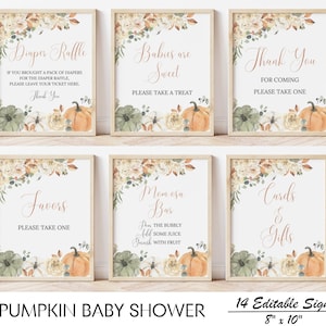 EDITABLE Little Pumpkin Baby Shower Decorations, Autumn Sign Template Bundle, Drink, Food, Gift, Card, Diaper Raffle, Favor, Pacifier Hunt