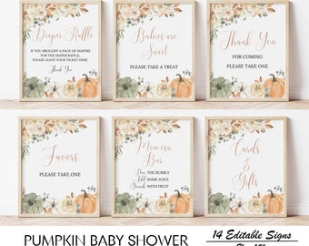 EDITABLE Little Pumpkin Baby Shower Decorations, Autumn Sign Template Bundle, Drink, Food, Gift, Card, Diaper Raffle, Favor, Pacifier Hunt