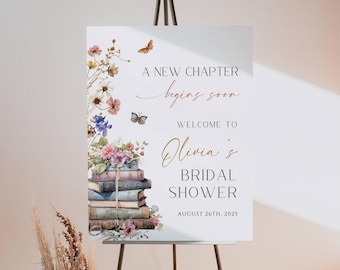 Storybook Bridal Shower Welcome Sign, New Chapter Wedding Shower Poster, Vintage Book Theme Sign, Editable Canva Template, Printable