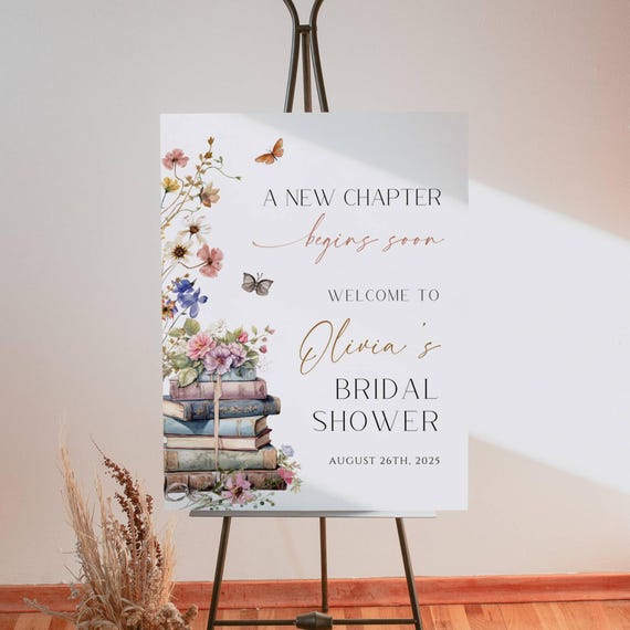 Storybook Bridal Shower Welcome Sign, New Chapter Wedding Shower Poster, Vintage Book Theme Sign, Editable Canva Template, Printable