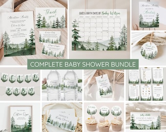 May include: A complete baby shower bundle with a woodland theme. The bundle includes invitations, thank you cards, water bottle labels, food labels, cupcake toppers, a welcome sign, and games. The design features a watercolor illustration of a forest with green trees and mountains.