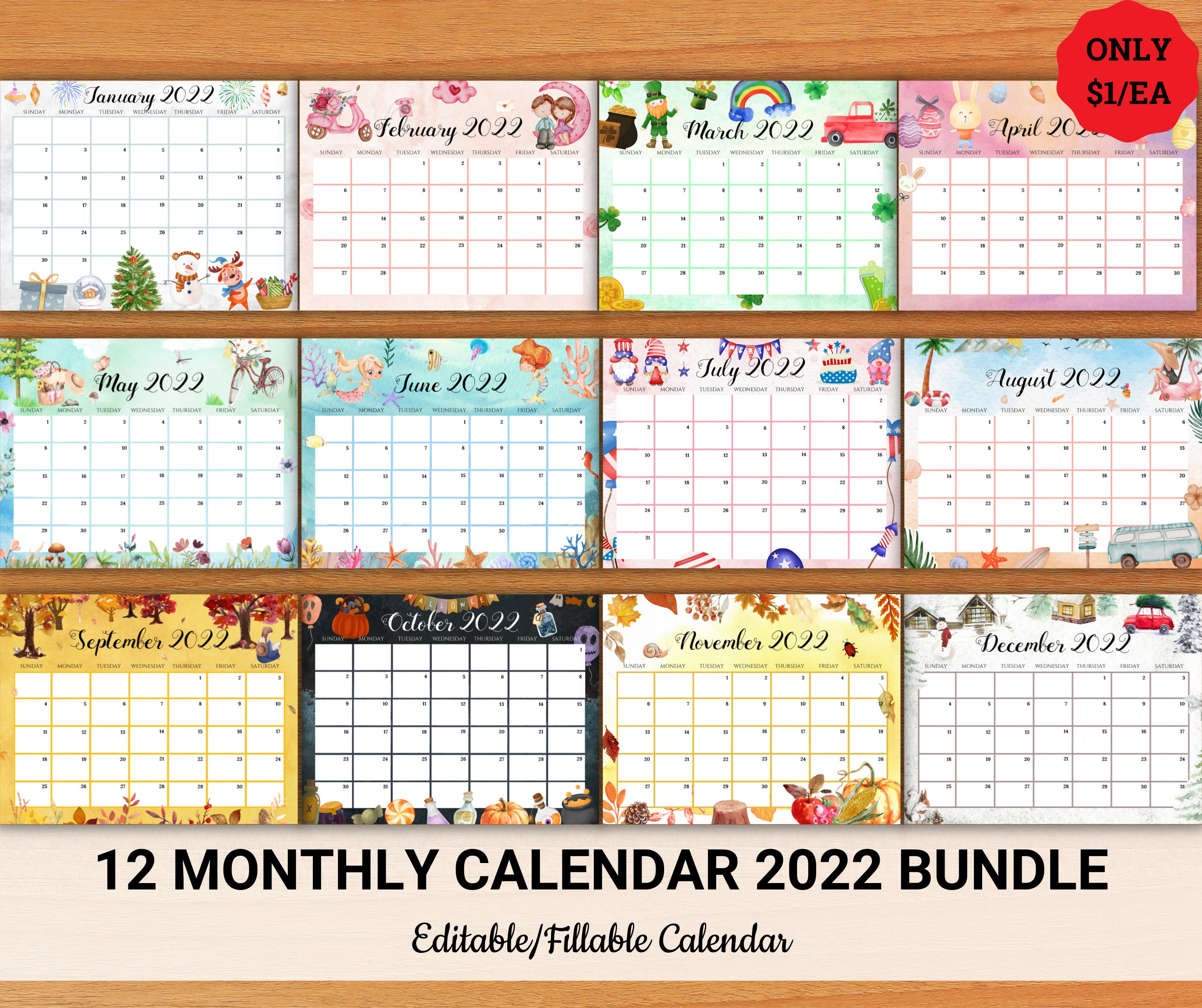 editable watercolor calendar 2022 bundle cute printable etsy