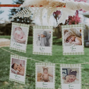 Cartes d'étape mensuelles modifiables en Vichy vert sauge, bannière neutre sexiste pour le 1er anniversaire, affichage imprimable de photos d'étape importante pour bébé