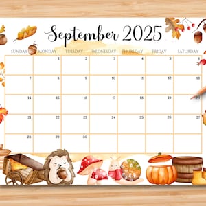 Calendario settembre 2025 MODIFICABILE, Planner per il ritorno a scuola, Bellissimo autunno con simpatici animali, Calendario mensile per bambini Scuola Casa Ufficio Lavoro