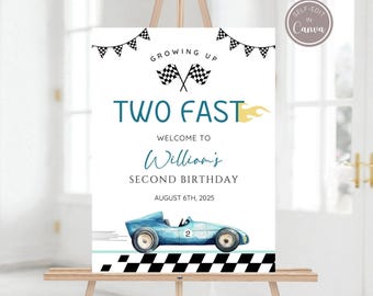 TWO Fast Birthday Welcome Sign, Race Car 2nd Birthday Welcome Poster, Racing Car Vintage Racecar Welcome Board, Editable Template, Printable