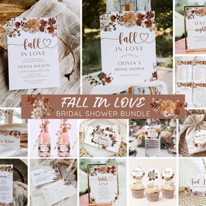 Fall in Love Bridal Shower Bundle, Fall Pumpkin Bridal Shower Invitation & Games, Boho Floral Autumn Bridal Shower, Editable Canva Template