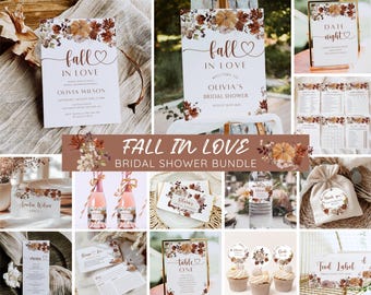 May include: A bridal shower bundle with a fall theme. The set includes invitations, signs, table cards, recipe cards, cupcake toppers, and food labels. The design features floral and pumpkin accents with the text "Fall in Love."