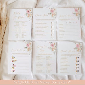 Op de afbeelding: Set van zes printbare bruidsdouchespele met een bloemenmotief. De spellen omvatten "Would She Rather", "Over or Under", "Bridal Scattergories", "Emoji Dictionary", "Disney Love Songs" en "He Said - She Said".