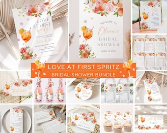 May include: A collection of bridal shower stationery with a floral and spritz cocktail theme. Includes invitations, welcome signs, table cards, and cupcake toppers. The text "Love at First Spritz" and "Olivia's Bridal Shower" are visible.