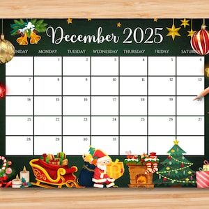EDITABLE December 2025 Calendar, Gorgeous Christmas w/ Santa Claus, Gifts & Ornaments, Printable Monthly Planner for Kids School Home Work