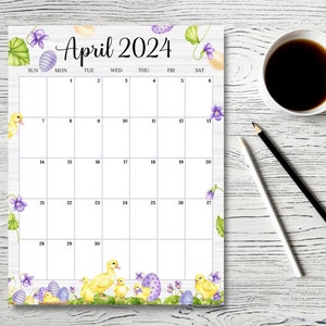 EDITABLE April 2024 Calendar (Vertical / Portrait), Easter Day Planner with Cute Ducks & Chickens, Printable Kid Schedule, Instant Download