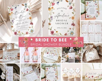 Bride to Bee vrijgezellenfeestbundel, Wildflower Bee vrijgezellenfeestuitnodiging & gamesbundel, zomerbruiloft, bewerkbare canvassjabloon