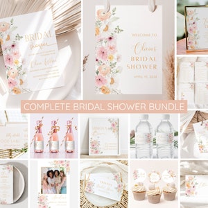 Floral Bridal Shower Invitation Bundle, Love In Bloom Bridal Shower Invite Template, Game bundle Welcome sign, Floral Romance Decor EDITABLE