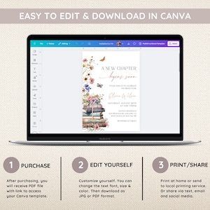 May include: A laptop screen displaying a Canva template for a book-themed invitation. The invitation features a stack of books with floral accents and butterflies. The text on the invitation reads "A New Chapter Begins Soon".