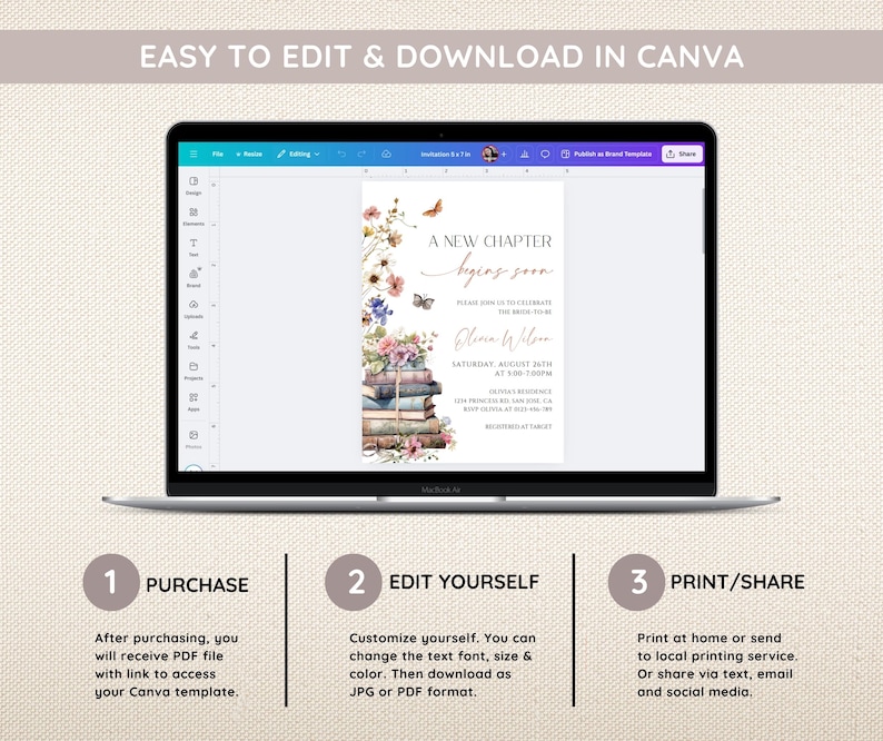 May include: A laptop screen displaying a Canva template for a book-themed invitation. The invitation features a stack of books with floral accents and butterflies. The text on the invitation reads "A New Chapter Begins Soon".