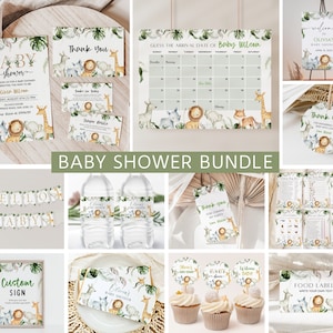 Safari Animals Baby Shower Bundle, Safari Baby Shower Invitation Set, Jungle Animals Baby Shower, Gender Neutral, Instant Download, Editable