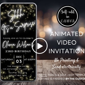 Video Shh It&#39;s a Surprise Black Birthday Invitation, Glitter Confetti Invite, Surprise Birthday Party Evite, Digital Invitation Template