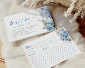 Modello di ricetta per la festa nuziale "Something Blue Before I Do", inserti per la festa nuziale con ortensie blu modificabili, ricettario stampabile
