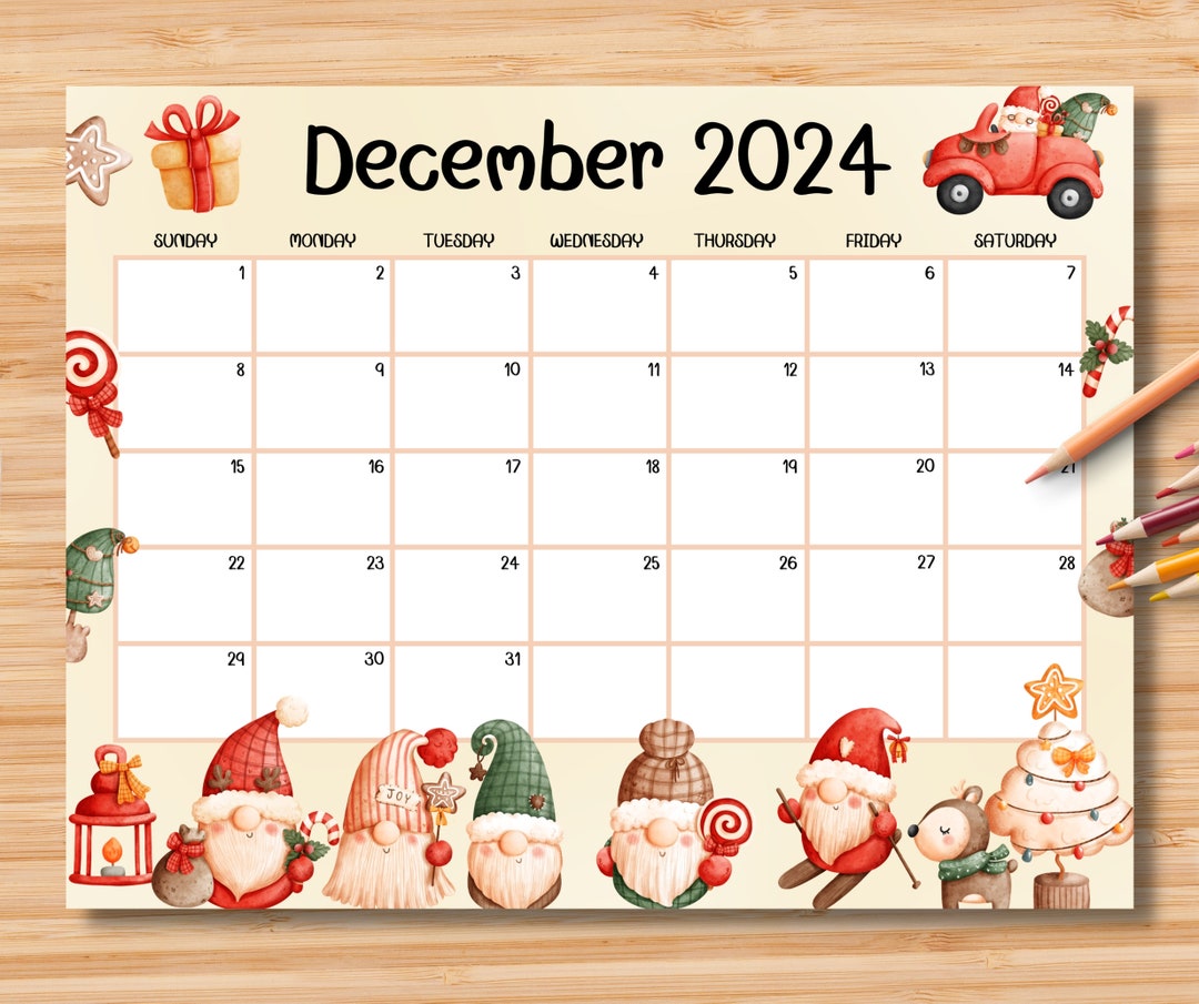 EDITABLE December 2024 Calendar, Joyful Christmas With Cute Gnomes