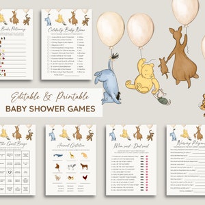 Lot de jeux de baby shower Winnie l&#39;ourson, jeux de société classiques de Winnie l&#39;ourson, shower de Winnie l&#39;ours, non sexiste, vintage imprimable modifiable