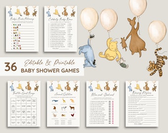 May include: A set of printable baby shower games featuring Winnie the Pooh and other animal characters. The games include "Baby's Books Match-Up", "Celebrity Baby Names", "Find the Guest Bingo", "Animal Gestation", "Mom Said - Dad Said", and "Nursery Rhymes".
