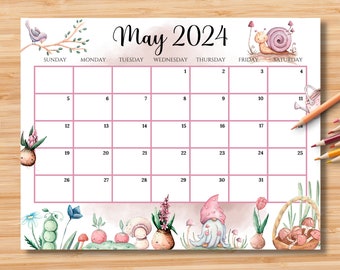 Calendrier modifiable de mai 2024, bonjour le printemps avec mignons nain et champignon, agenda de la fête des mères, agenda mensuel imprimable à remplir, programme pour enfants