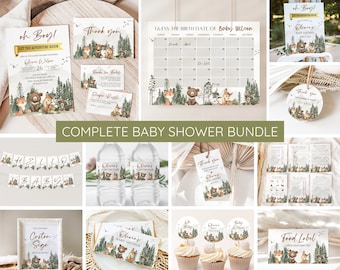 Let The Adventure Begin Baby Shower Bundle, Adventure Awaits Invitation & Games, Woodland Forest Baby Shower Decor, Editable Canva Template