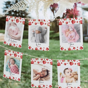 Cartes-photos modifiables d'étape mensuelle aux fraises, décoration d'anniversaire de bannière d'anniversaire de baies, bannière de chaise haute imprimable, téléchargement immédiat