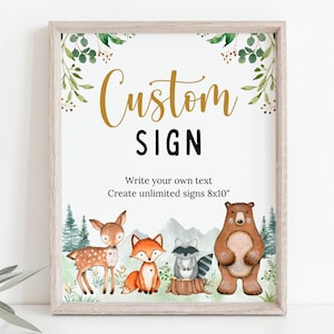 Cartello personalizzato Woodland, modello di cartello modificabile Woodland, 8x10, baby shower Woodland, animali del bosco verdeggianti, stampabile, download immediato