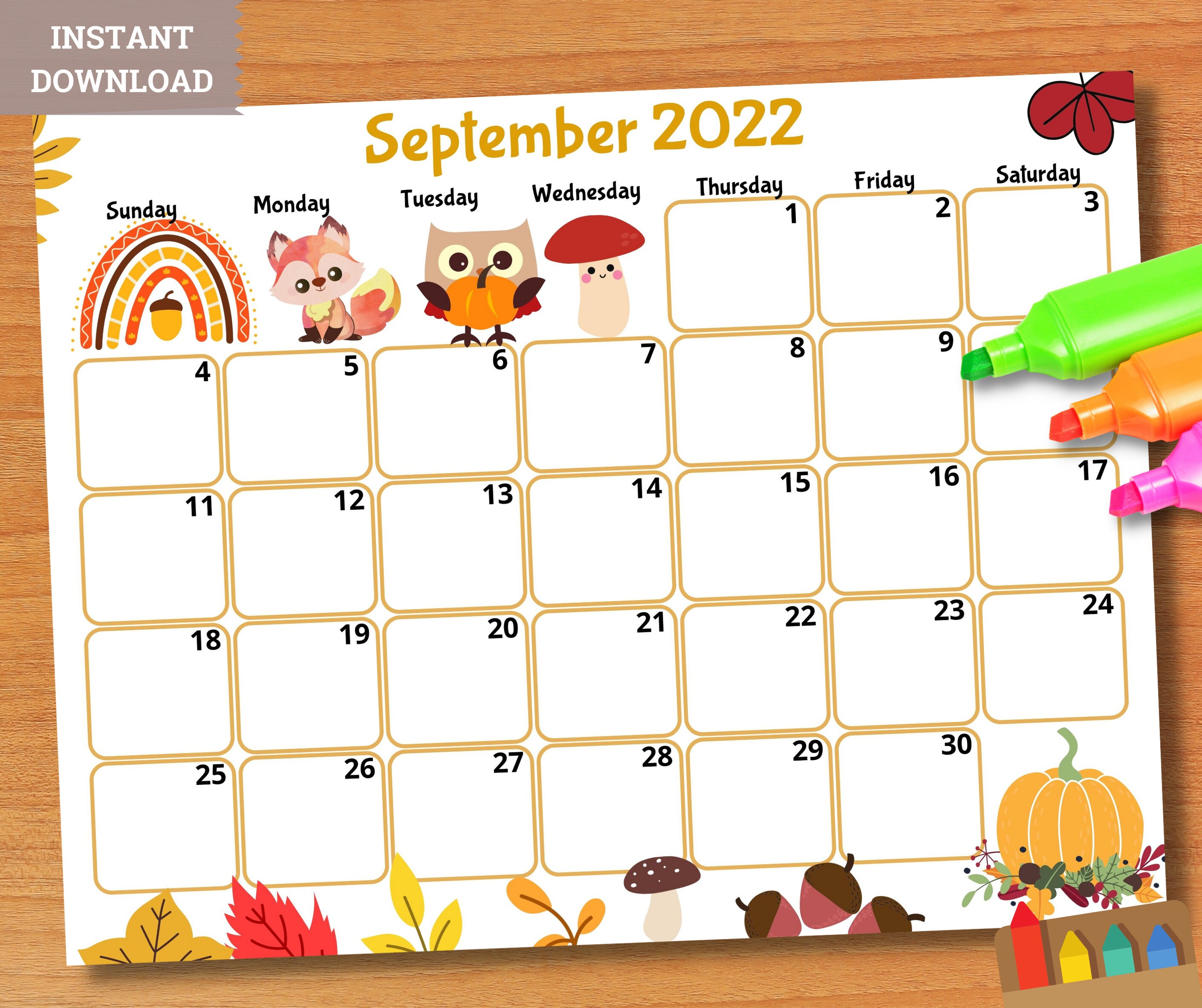editable september 2022 calendar printable kids calendar etsy