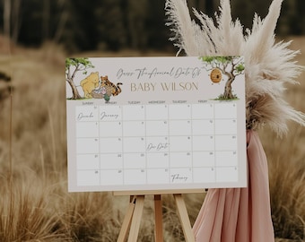 Winnie the Pooh Baby Due Date Calendar, Vintage Winnie Prediction Game, Baby Shower Game, Guess Baby's Birth Date, Gender Neutral, EDITABLE
