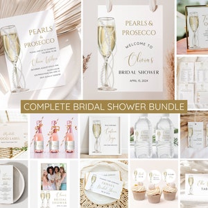 Pearls and Prosecco Bridal Shower Invitation Bundle, Minimalist Pearl Champagne Wedding Shower Invite Template, Welcome Games EDITABLE Gold