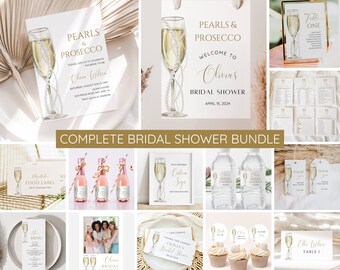 May include: A complete bridal shower bundle with a pearl and prosecco theme. The bundle includes invitations, table numbers, food labels, water bottle labels, thank you tags, cupcake toppers, and a welcome sign. The design features a champagne flute with pearls and gold accents.