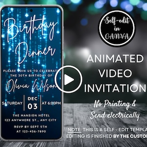 Video Blue Glitter Birthday Dinner Invitation, Electronic Any Age Birthday Dinner Invite, Digital Phone Invitation, Canva Template